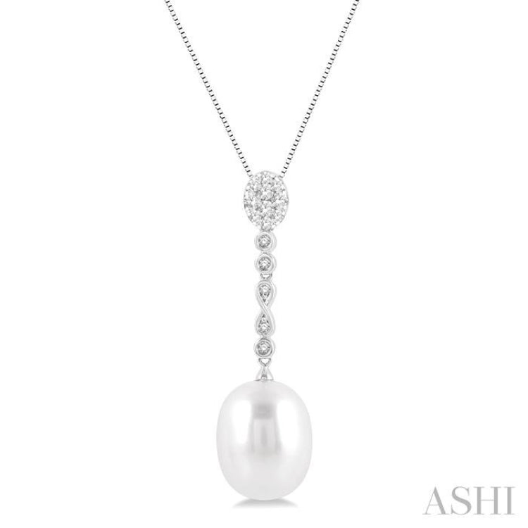 12x10 MM Cultured Pearl and 1/5 Ctw Hanging Round Cut Diamond Drop Lovebright Pendant With Chain in 14K White Gold 12x10 MM Cultured Pearl and 1/5 Ctw Hanging Round Cut Diamond Drop Lovebright Pendant With Chain in 14K White Gold