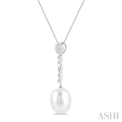 12x10 MM Cultured Pearl and 1/5 Ctw Hanging Round Cut Diamond Drop Lovebright Pendant With Chain in 14K White Gold 12x10 MM Cultured Pearl and 1/5 Ctw Hanging Round Cut Diamond Drop Lovebright Pendant With Chain in 14K White Gold