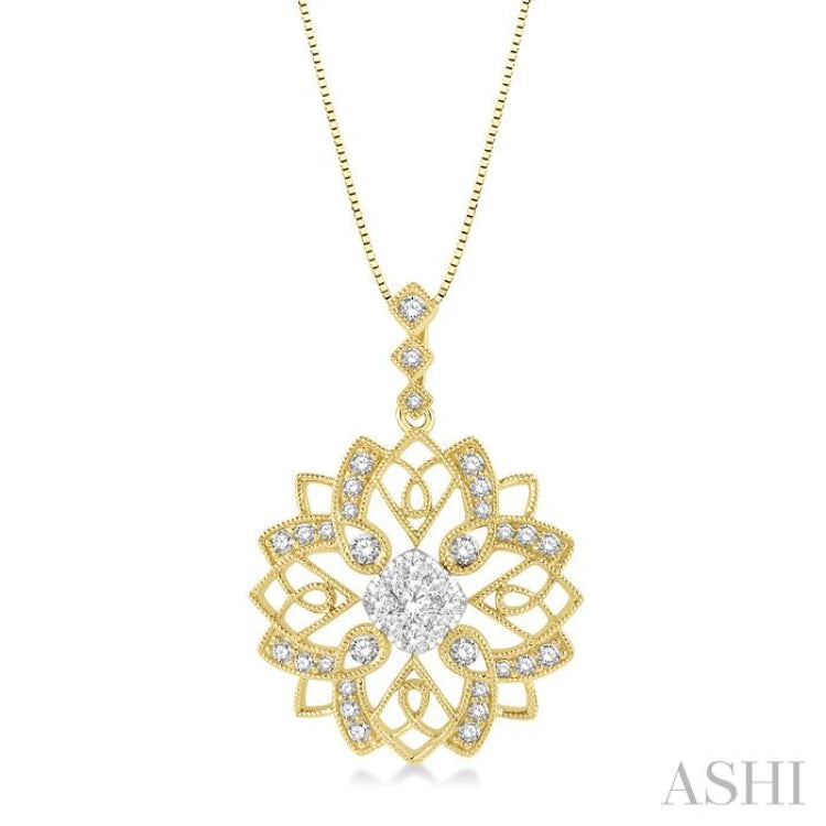 5/8 Ctw Floral Lattice Two Tone Cushion Shape Center Lovebright Round Cut Diamond Pendant With Chain in 14K Yellow and White Gold 5/8 Ctw Floral Lattice Two Tone Cushion Shape Center Lovebright Round Cut Diamond Pendant With Chain in 14K Yellow and White Gold