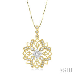 5/8 Ctw Floral Lattice Two Tone Cushion Shape Center Lovebright Round Cut Diamond Pendant With Chain in 14K Yellow and White Gold 5/8 Ctw Floral Lattice Two Tone Cushion Shape Center Lovebright Round Cut Diamond Pendant With Chain in 14K Yellow and White Gold