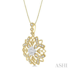 5/8 Ctw Floral Lattice Two Tone Cushion Shape Center Lovebright Round Cut Diamond Pendant With Chain in 14K Yellow and White Gold 5/8 Ctw Floral Lattice Two Tone Cushion Shape Center Lovebright Round Cut Diamond Pendant With Chain in 14K Yellow and White Gold