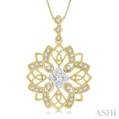 5/8 Ctw Floral Lattice Two Tone Cushion Shape Center Lovebright Round Cut Diamond Pendant With Chain in 14K Yellow and White Gold 5/8 Ctw Floral Lattice Two Tone Cushion Shape Center Lovebright Round Cut Diamond Pendant With Chain in 14K Yellow and White Gold