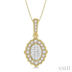 1/4 Ctw Lattice Edge Oval Shape Lovebright Round Cut Diamond Pendant With Chain in 14K Yellow and White Gold 1/4 Ctw Lattice Edge Oval Shape Lovebright Round Cut Diamond Pendant With Chain in 14K Yellow and White Gold