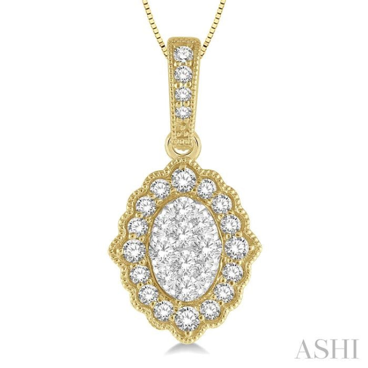 1/4 Ctw Lattice Edge Oval Shape Lovebright Round Cut Diamond Pendant With Chain in 14K Yellow and White Gold 1/4 Ctw Lattice Edge Oval Shape Lovebright Round Cut Diamond Pendant With Chain in 14K Yellow and White Gold