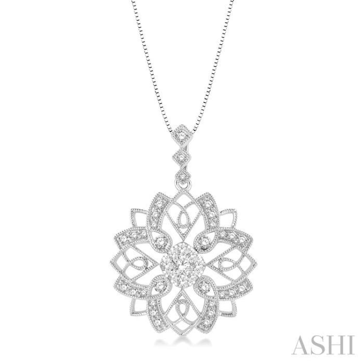 5/8 Ctw Floral Lattice Cushion Shape Center Lovebright Round Cut Diamond Pendant With Chain in 14K White Gold 5/8 Ctw Floral Lattice Cushion Shape Center Lovebright Round Cut Diamond Pendant With Chain in 14K White Gold