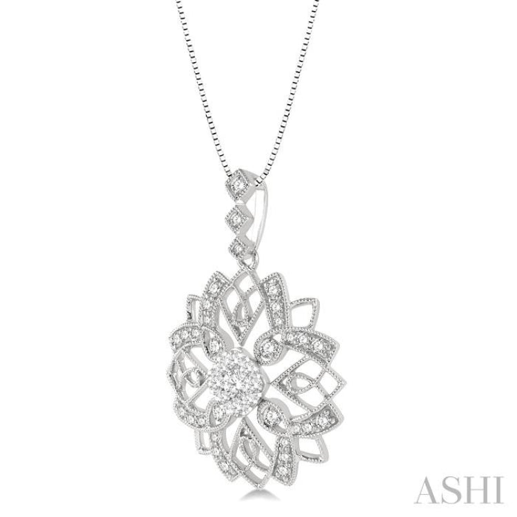 5/8 Ctw Floral Lattice Cushion Shape Center Lovebright Round Cut Diamond Pendant With Chain in 14K White Gold 5/8 Ctw Floral Lattice Cushion Shape Center Lovebright Round Cut Diamond Pendant With Chain in 14K White Gold