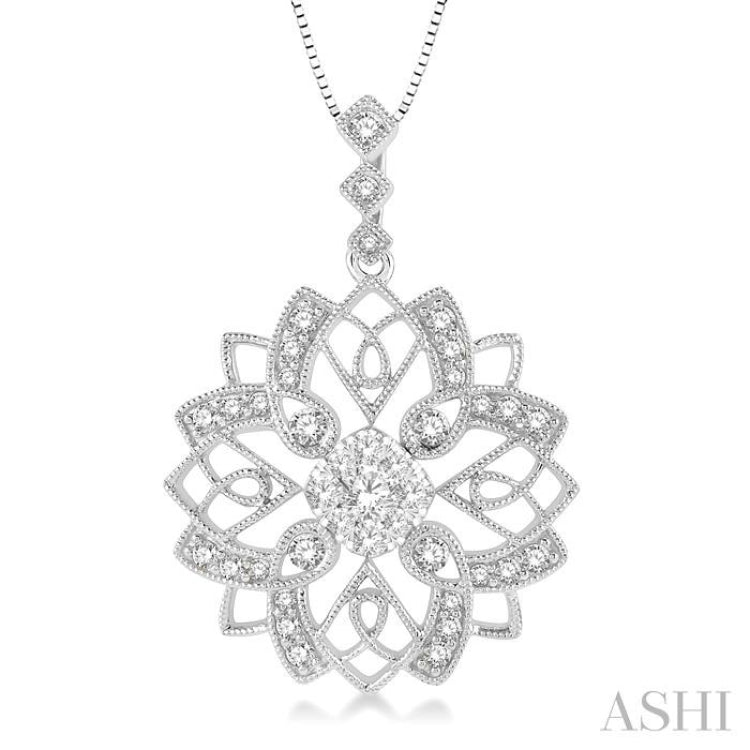 5/8 Ctw Floral Lattice Cushion Shape Center Lovebright Round Cut Diamond Pendant With Chain in 14K White Gold 5/8 Ctw Floral Lattice Cushion Shape Center Lovebright Round Cut Diamond Pendant With Chain in 14K White Gold