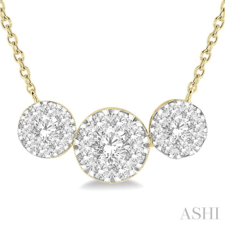 1 Ctw 3-Stone Lovebright Round Cut Diamond Necklace in 14K Yellow and White Gold 1 Ctw 3-Stone Lovebright Round Cut Diamond Necklace in 14K Yellow and White Gold