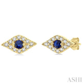 2.0 MM Round Cut Sapphire and 1/10 Ctw Evil Eye Round Cut Diamond Precious Petite Fashion Earring in 14K Yellow Gold