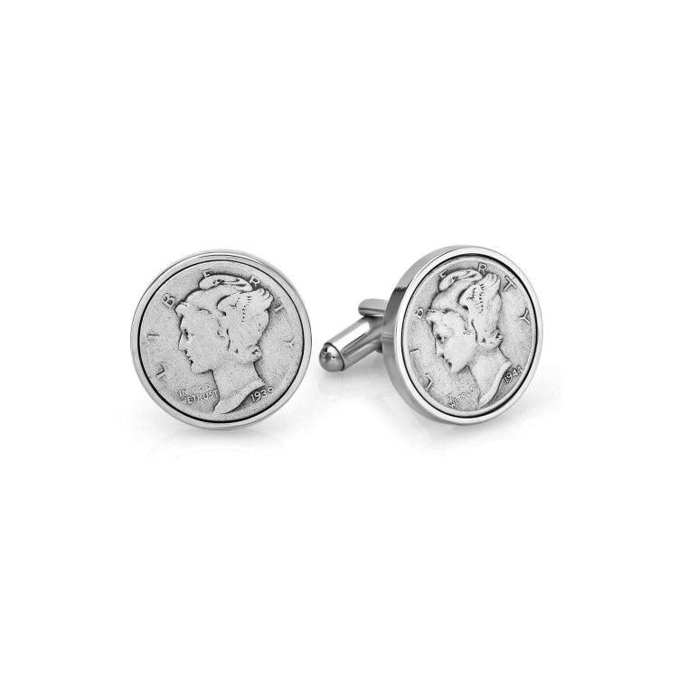 Rhodium Finish Mercury Dime Cufflinks (Heads) Rhodium Finish Mercury Dime Cufflinks (Heads)