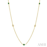 2.25 MM Emerald and 1/4 Ctw Round Cut Diamond Precious Station Necklace in 14K Yellow Gold
