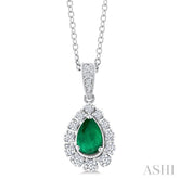 6X4 MM Pear Cut Emerald and 1/4 Ctw Round Cut Diamond Precious Pendant With Chain in 14K White Gold