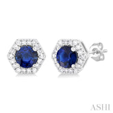 3.5 MM Round Sapphire and 1/10 Ctw Single Cut Diamonds Halo Precious Stud Earrings in 10K White Gold