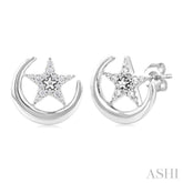 1/10 Ctw Petite Crescent Moon and Star Round Cut Diamond Fashion Stud Earrings in 10K White Gold