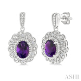 7X5 MM Oval Cut Amethyst and 1/20 Ctw Round Cut Diamond Semi-Precious Earrings in Sterling Silver