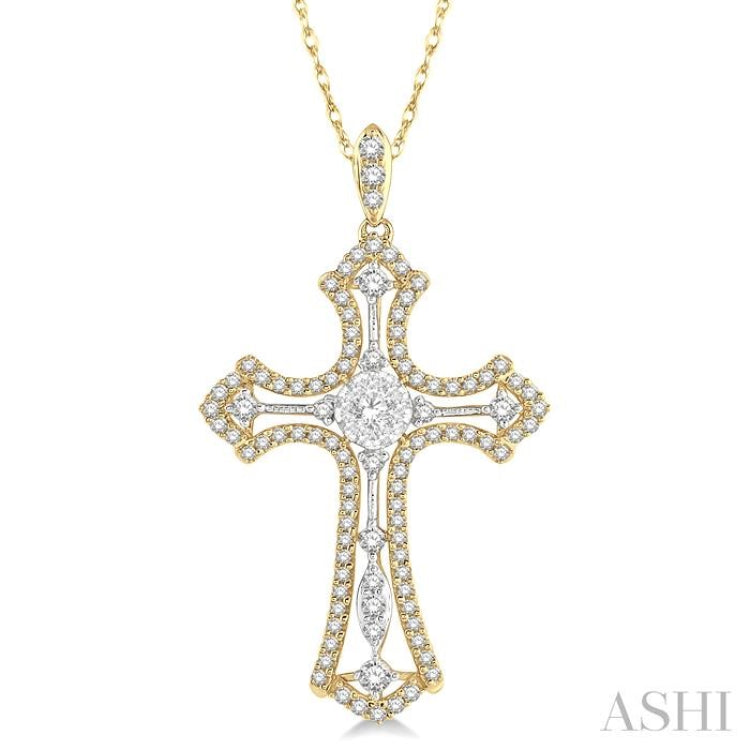 3/4 Ctw Lovebright Round Cut Diamond Cross Pendant in 14K Yellow and White Gold with chain 3/4 Ctw Lovebright Round Cut Diamond Cross Pendant in 14K Yellow and White Gold with chain
