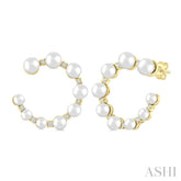 2.8 - 4.5 MM Round Shape Cultured Pearls and 1/5 Ctw Graduated Round Cut Diamond Half Hoop Earring in 14K Yellow Gold