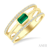 5x3 MM East- West Emerald and 1/4 Ctw Round Cut Diamond Triple Split Precious Ring in 10K Yellow Gold