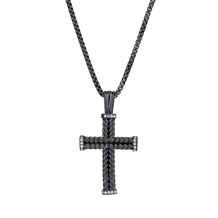 Black Rhodium Finished Sterling Silver Braided Cross with Simulated Diamonds on all 4 Ends of Cross on 20 Rounded Box Chain Black Rhodium Finished Sterling Silver Braided Cross with Simulated Diamonds on all 4 Ends of Cross on 20 Rounded Box Chain