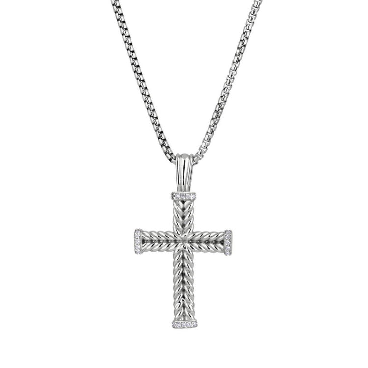 Rhodium Finished Sterling Silver Braided Cross with Simulated Diamonds on all 4 Ends of Cross on 20 Rounded Box Chain Rhodium Finished Sterling Silver Braided Cross with Simulated Diamonds on all 4 Ends of Cross on 20 Rounded Box Chain
