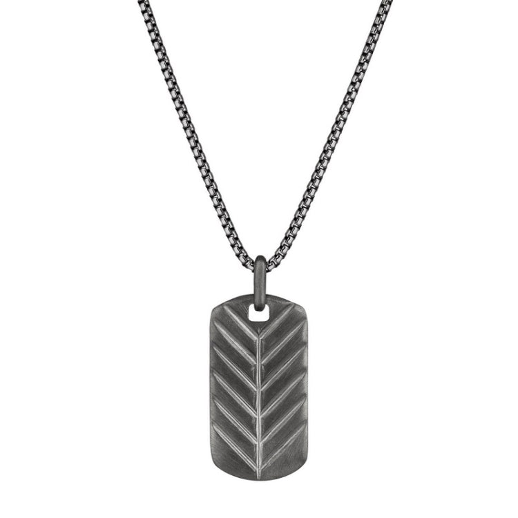 Black Rhodium Finish Sterling Silver Feathered Dog Tag on 20 Rounded Box Link Chain Black Rhodium Finish Sterling Silver Feathered Dog Tag on 20 Rounded Box Link Chain