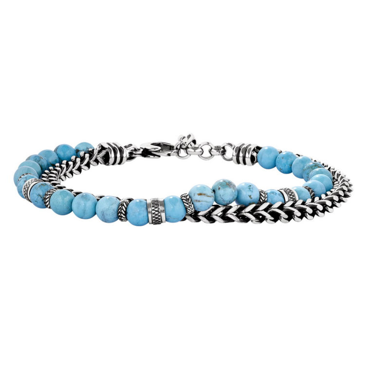 Stainless Steel Square Fox Tail Chain and Turquoise Bead Bracelet Stainless Steel Square Fox Tail Chain and Turquoise Bead Bracelet