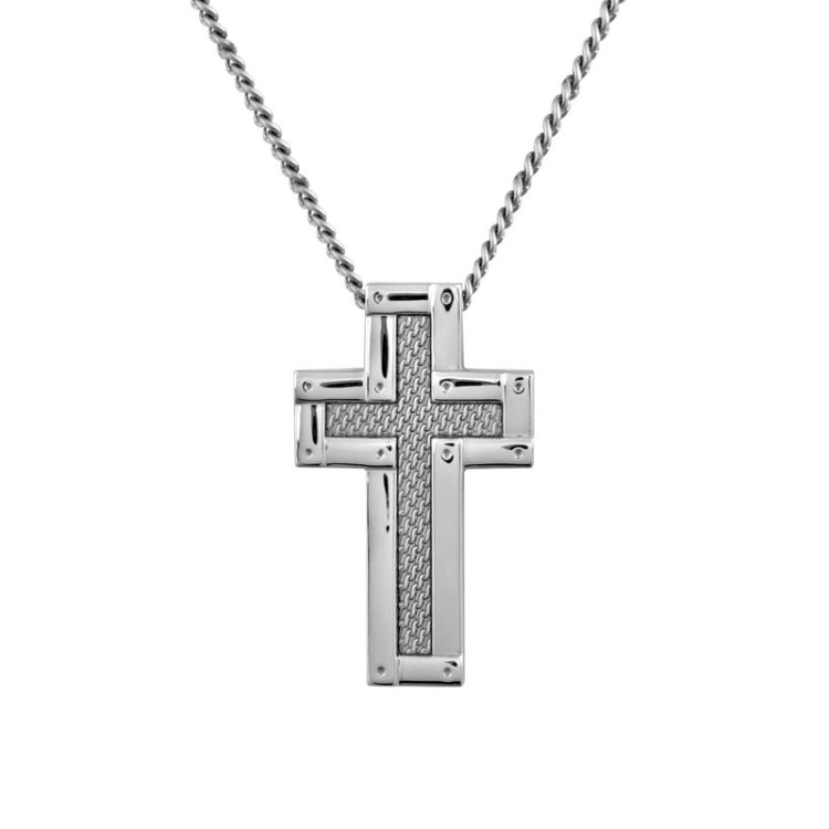 Stainless Steel Mesh Insert 4-Way Polished Cross on 24 Chain Stainless Steel Mesh Insert 4-Way Polished Cross on 24 Chain