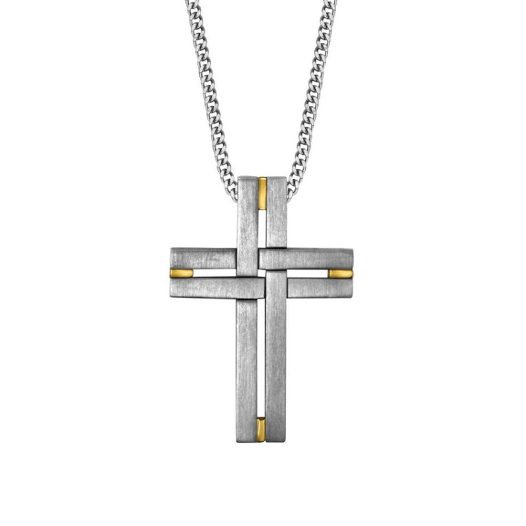 Stainless Steel Basket Weave W/Goldtone Bits Cross on 24 Chain Stainless Steel Basket Weave W/Goldtone Bits Cross on 24 Chain