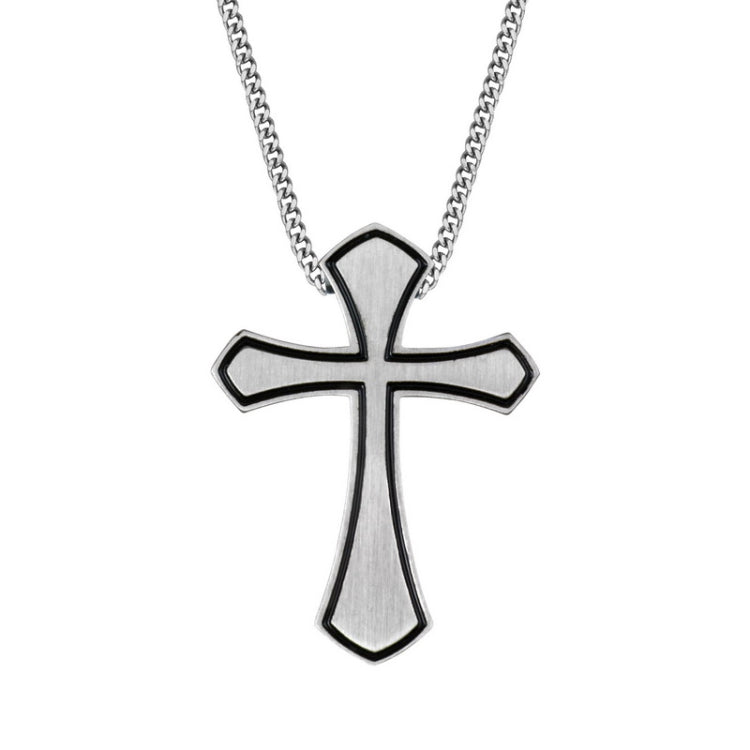 Stainless Steel Styled Cross W/Pinstripe Border on 24 Chain Stainless Steel Styled Cross W/Pinstripe Border on 24 Chain