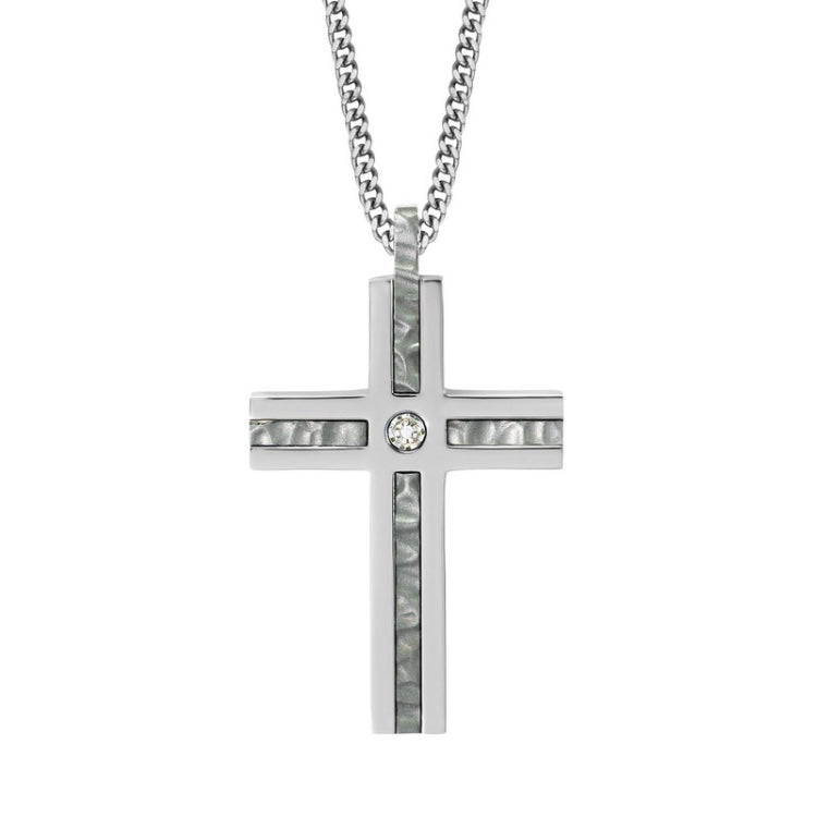 Stainless Steel Hammered & .005pt Diamond Cross on 24 Chain Stainless Steel Hammered & .005pt Diamond Cross on 24 Chain
