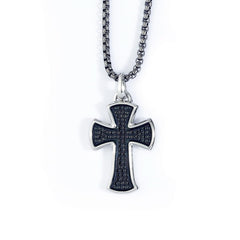 Stainless Steel Cross with Black Simulated Diamonds on 22 2.5mm Gun Metal Finish Rounded Box Link Chain Stainless Steel Cross with Black Simulated Diamonds on 22 2.5mm Gun Metal Finish Rounded Box Link Chain