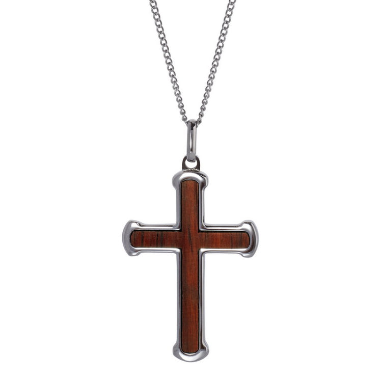 Stainless Steel Wooden Cross Pendant on 20 Curb Chain Stainless Steel Wooden Cross Pendant on 20 Curb Chain