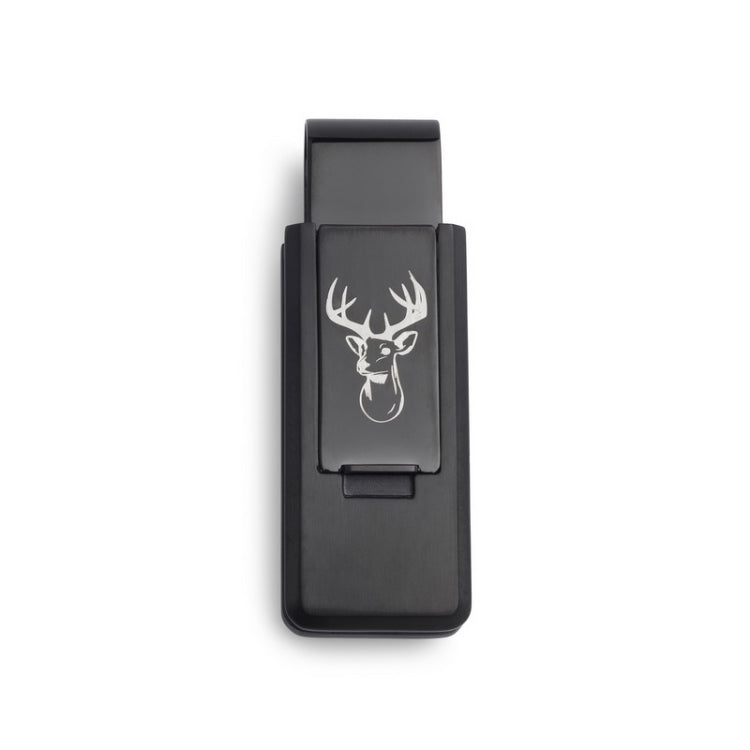 Black Stainless Steel PVD Finish Flip Money Clip w/Deer Head Black Stainless Steel PVD Finish Flip Money Clip w/Deer Head