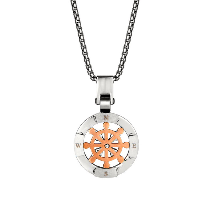 Stainless Steel Nautical Compass and Gold Wheel in Center on 20 Chain Stainless Steel Nautical Compass and Gold Wheel in Center on 20 Chain
