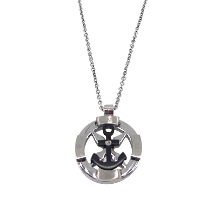 Stainless Steel Nautical Compass and Black Anchor W/ Simulated Diamond in Center on 20 Chain Stainless Steel Nautical Compass and Black Anchor W/ Simulated Diamond in Center on 20 Chain