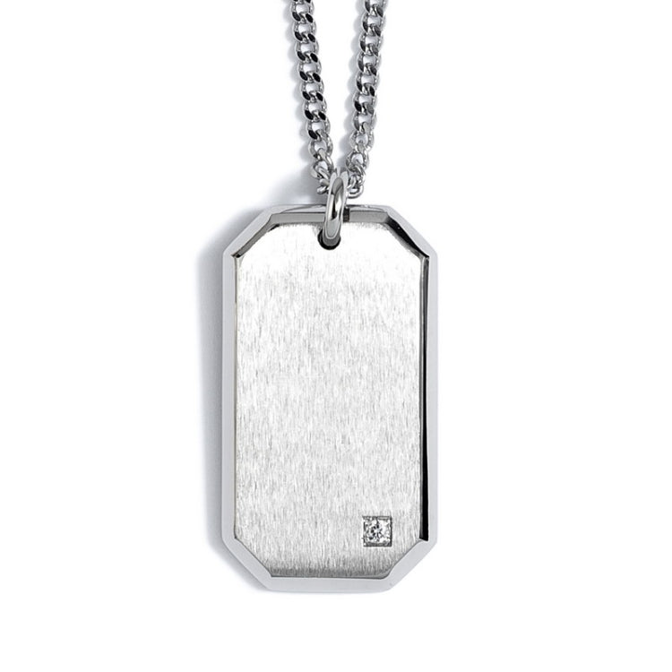 Stainless Steel Satin Finish Dog Tag with Simulated Diamond on 22 2.5mm Rounded Box Chain Stainless Steel Satin Finish Dog Tag with Simulated Diamond on 22 2.5mm Rounded Box Chain