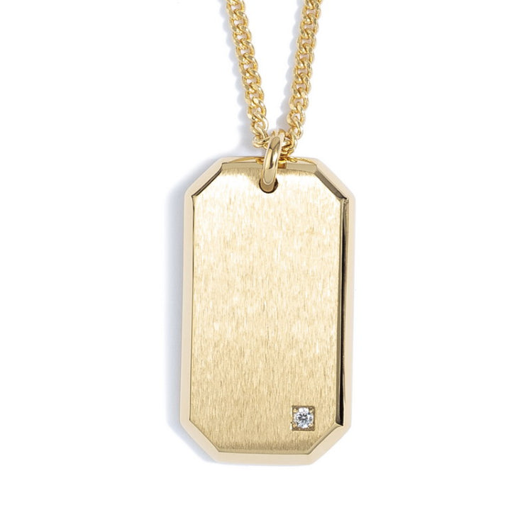 Gold IP Finish Stainless Steel Satin Finish Dog Tag with Simulated Diamond on 22 2.5mm Gold IP Finish Rounded Box Chain Gold IP Finish Stainless Steel Satin Finish Dog Tag with Simulated Diamond on 22 2.5mm Gold IP Finish Rounded Box Chain