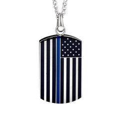 Stainless Steel Back The Blue American Flag Dog Tag on 24 Curb Chain Stainless Steel Back The Blue American Flag Dog Tag on 24 Curb Chain