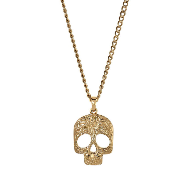 Gold IP Finish Stainless Steel Skull Necklace on 20 Curb Chain Gold IP Finish Stainless Steel Skull Necklace on 20 Curb Chain