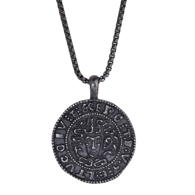 Black Antique Finish Stainless Steel Coin Necklace on 20 Rounded Box Chain Black Antique Finish Stainless Steel Coin Necklace on 20 Rounded Box Chain
