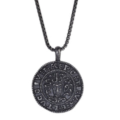 Black Antique Finish Stainless Steel Coin Necklace on 20 Rounded Box Chain Black Antique Finish Stainless Steel Coin Necklace on 20 Rounded Box Chain