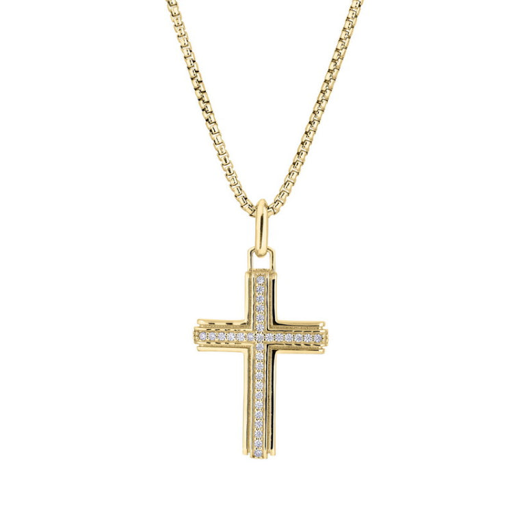 Gold Vermeil Sterling Silver Cross with Simulated Diamond Center Channel on 20 Rounded Box Chain Gold Vermeil Sterling Silver Cross with Simulated Diamond Center Channel on 20 Rounded Box Chain