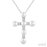 4 MM Cross Cultured Pearl and 1/6 Ctw Round Cut Diamond Fashion Pendant With Chain in 10K White Gold