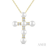 4 MM Cross Cultured Pearl and 1/6 Ctw Round Cut Diamond Fashion Pendant With Chain in 10K Yellow Gold