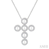3 MM Cross Cultured Pearl and 1/4 Ctw Round Cut Diamond Pendant With Chain in 14K White Gold