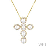 3 MM Round Shape Cultured Pearl and 1/4 Ctw Round Cut Diamond Cross Pendant With Chain in 14K Yellow Gold