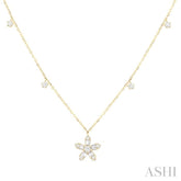 3/8 Ctw Floral Dangle Baguette and Round Cut Diamond Station Necklace in 10K Yellow Gold