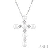 4 MM Round Shape Cultured Pearl and 1/10 Ctw Clover Round Cut Diamond Cross Pendant With Chain in 10K White Gold