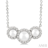 1/8 Ctw Past, Present & Future 4MM & 3MM Cultured Pearl and Round Cut Diamond Halo Pendant With Chain in 14K White Gold