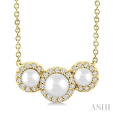 1/8 Ctw Past, Present & Future 4MM & 3MM Cultured Pearl and Round Cut Diamond Halo Pendant With Chain in 14K Yellow Gold